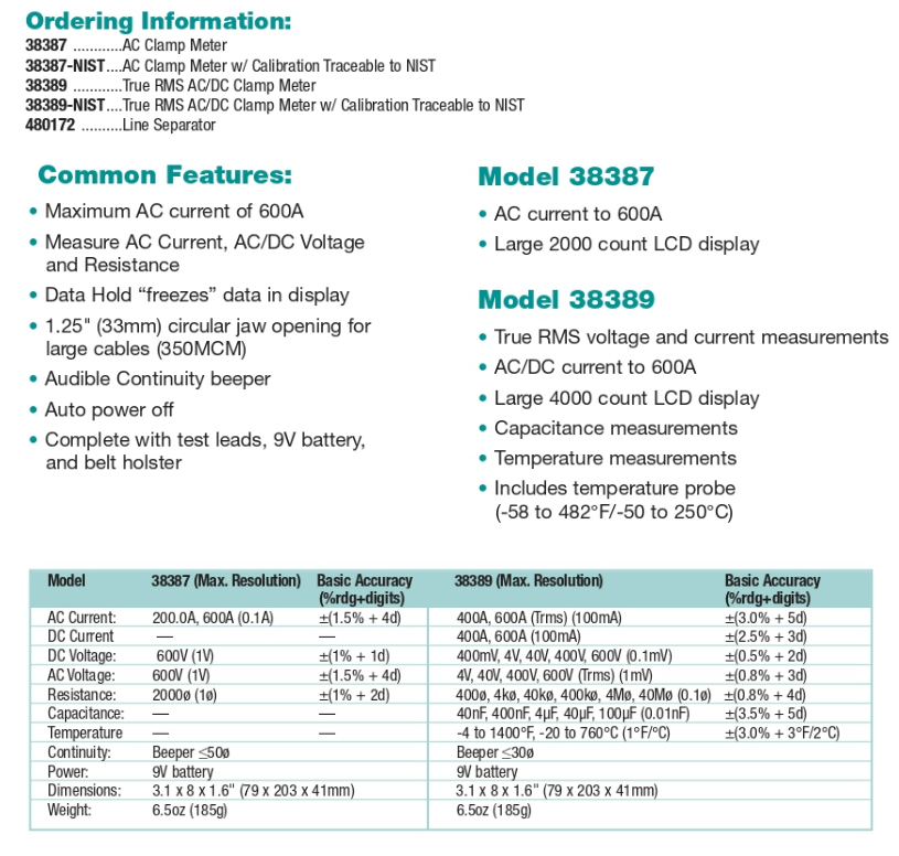 CLAMP-METER-DATA EXTECH CLAMP METER MERK EXTECH 38387 EXTECH 38387-NIST EXTECH 38389 EXTECH 38389-NIST EXTECH 480172