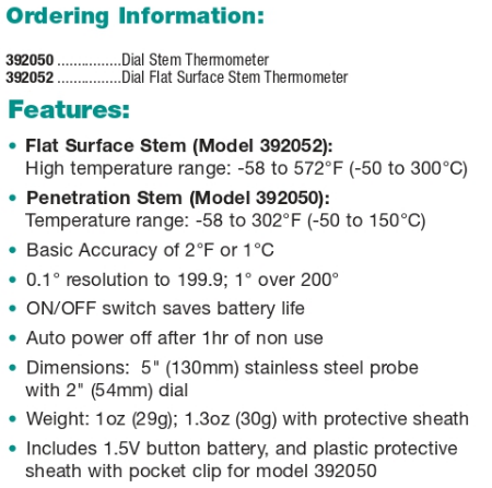 DIAL-STEAM-THERMOMETER-DATA EXTECH DIAL STEAM THERMOMETER MERK EXTECH 392050 EXTECH 392052