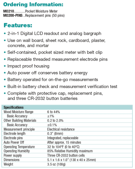 MOISTURE-METER-DATA EXTECH MOISTURE METER MERK EXTECH MO210 EXTECH MO200-PINS