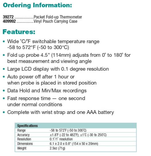 POCKET-FOLD-UP-THERMOMETER-DATA EXTECH POCKET FOLD-UP THERMOMETER MERK EXTECH 39272 EXTECH 409992