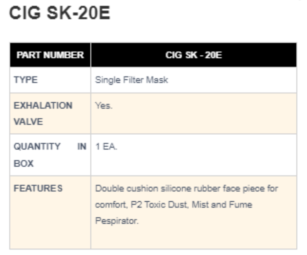 RESPIRATOR-CIG-SK-20E-SPEC RESPIRATOR CIG SK-20E