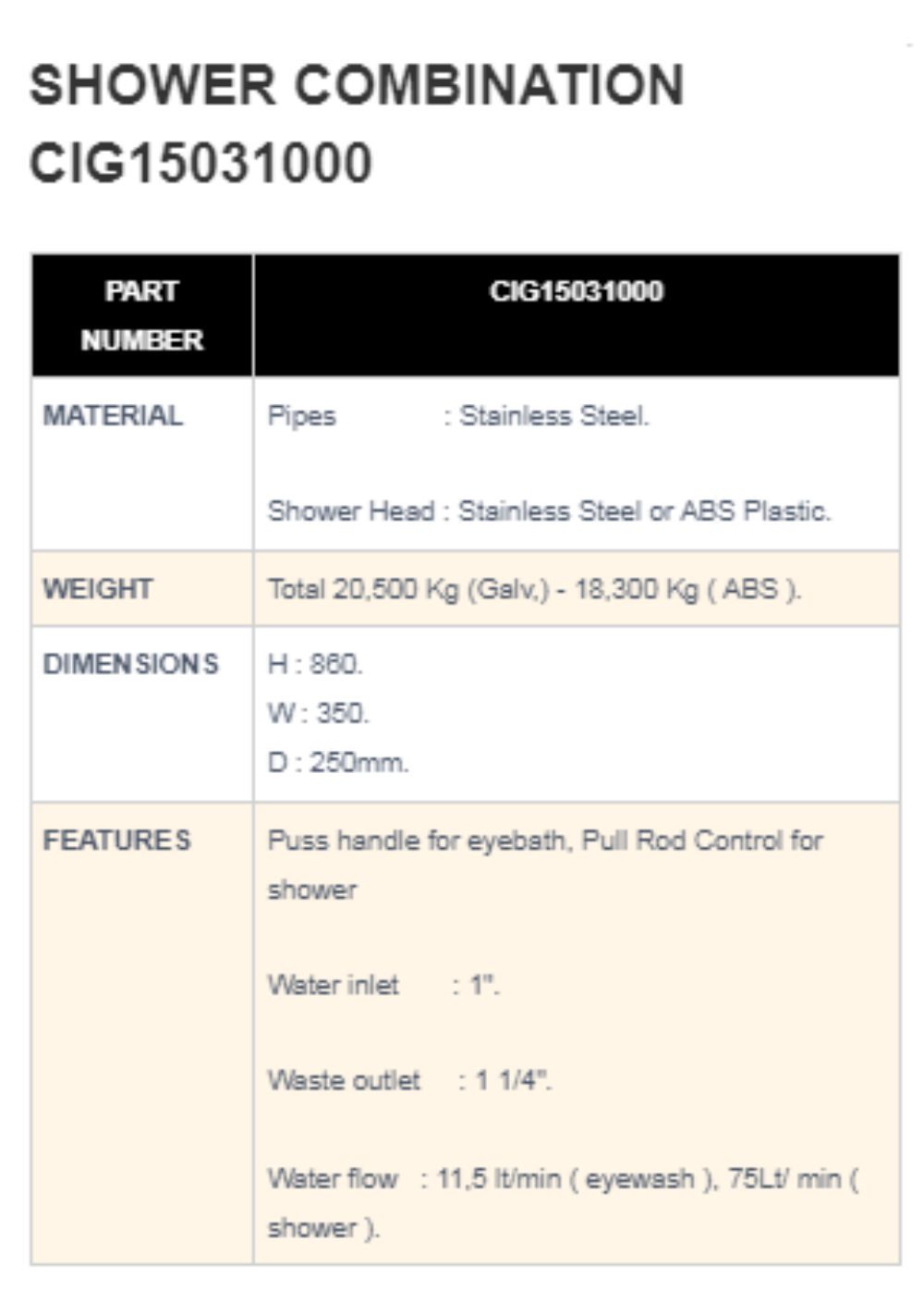 SHOWER-COMBINATION-CIG15031000-SPEC SHOWER COMBINATION CIG15031000 MERK CIG